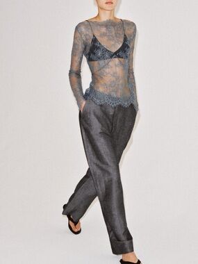 Zara Gray Sheer Floral Lace Long-Sleeve Top